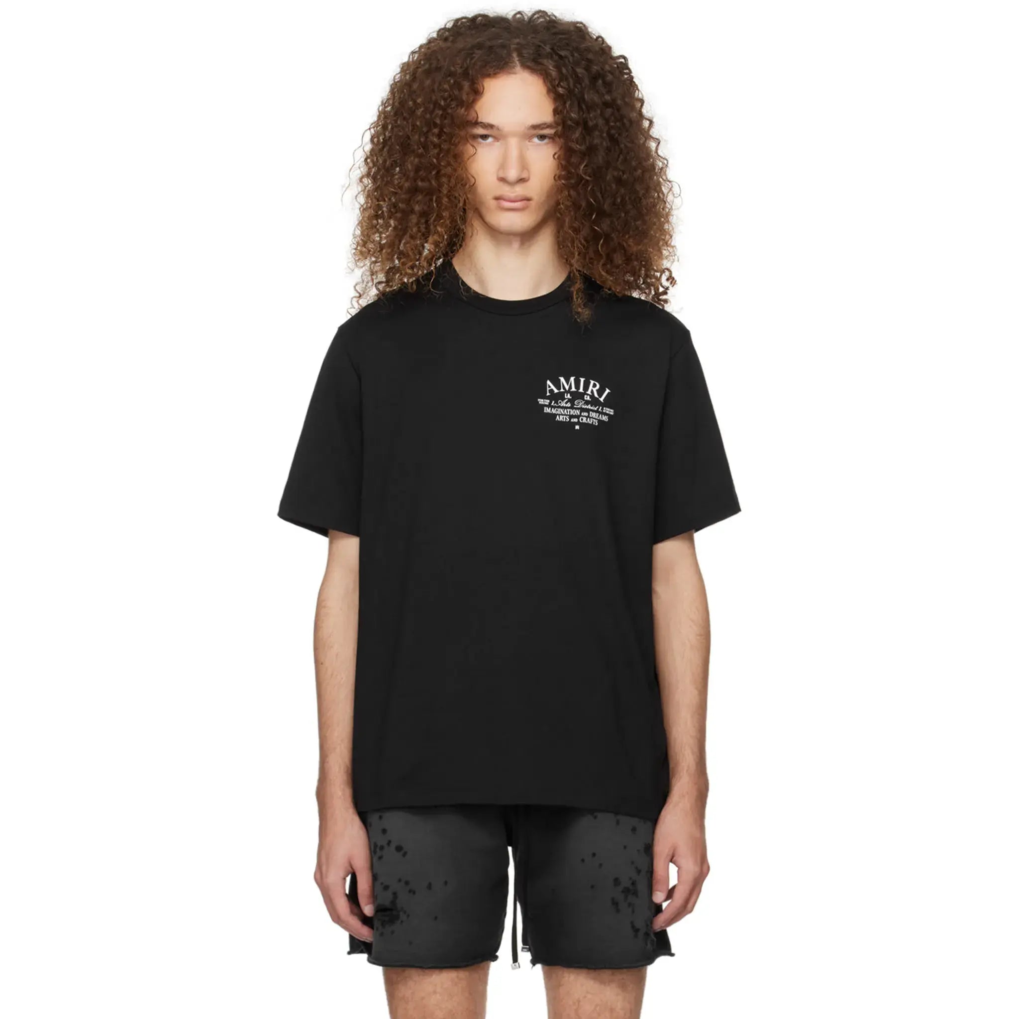Model front view of Amiri Arts District Black T Shirt PXMJT001-001